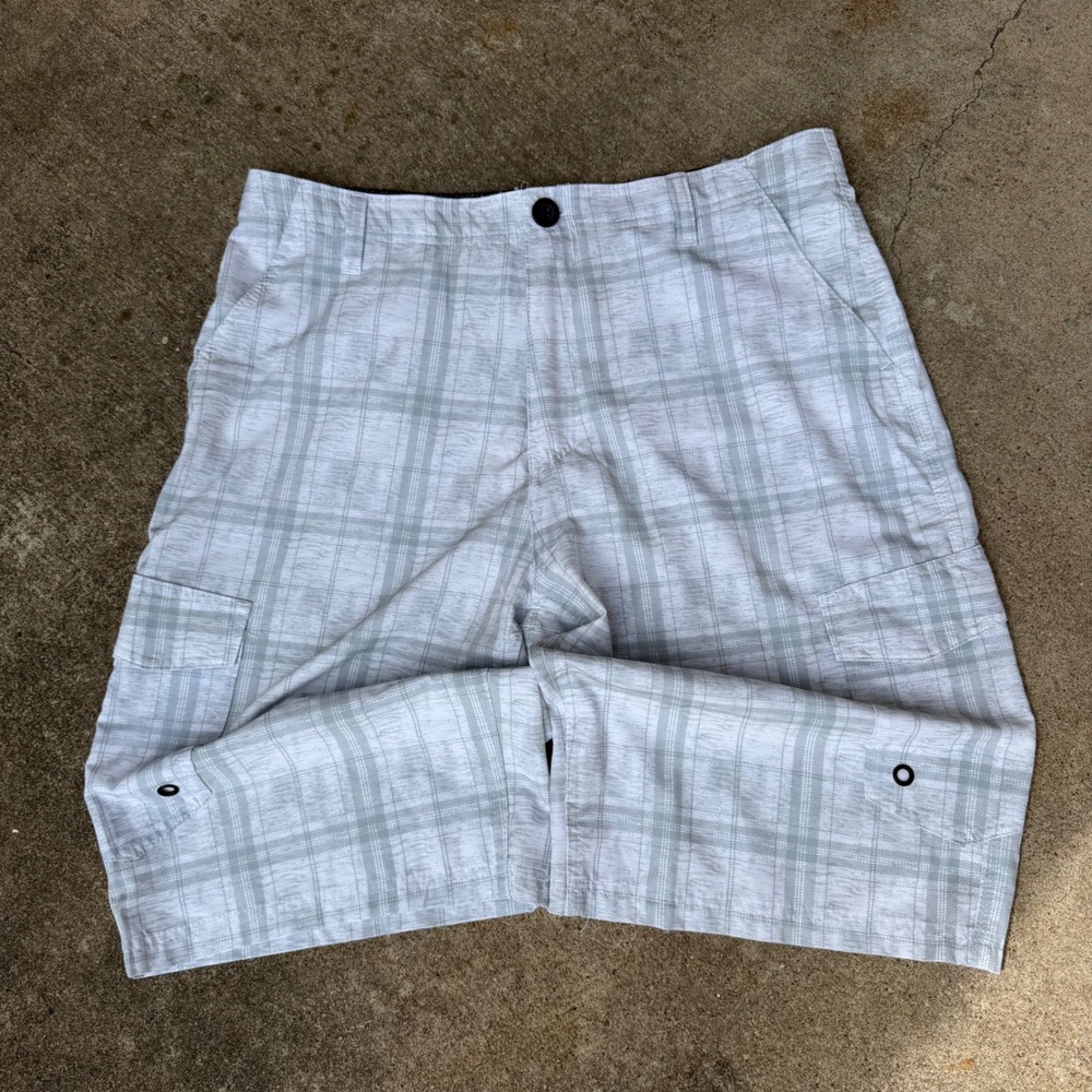 Y2K No Fear Performance Mens Plaid Board Shorts White Grey Size 34 Mesh Lined